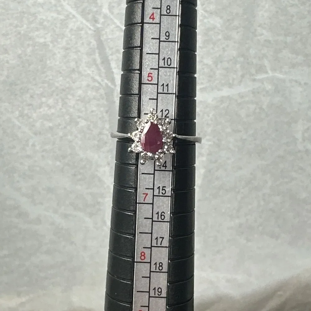 925 Sterling Silver Pear Ruby-Created Halo Ring Size 6 – 2.6g NV Marked